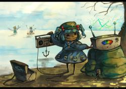 Rule 34 | 3girls, anchor, backpack, bag, blue dress, blue hair, box, cirno, dress, electricity, electrocution, fairy, flat cap, green hat, hair bobbles, hair ornament, hat, innertube, kawashiro nitori, key, koto inari, letterboxed, machinery, multiple girls, murder, pocket, radio, swim ring, touhou, twintails, two side up