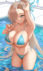 Rule 34 | 1girl, arm behind head, arm up, armpits, asuna (blue archive), bare shoulders, bikini, blue archive, blue bikini, blue eyes, blush, breasts, cleavage, collarbone, grin, hair over one eye, hair ribbon, halo, highleg, highleg bikini, highres, large breasts, light brown hair, long hair, looking at viewer, mole, mole on breast, navel, pool, ribbon, smile, solo, swimsuit, thighs, very long hair, wading, water, wet, yasojima nejiro