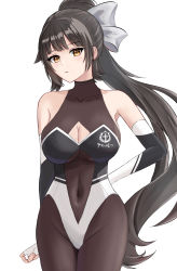 Rule 34 | 1girl, absurdres, azur lane, bad id, bad pixiv id, black gloves, black hair, bodystocking, bow, breasts, cleavage cutout, clothing cutout, covered navel, elbow gloves, extra ears, fingerless gloves, gloves, hair bow, highres, impossible clothes, large breasts, long hair, looking at viewer, official alternate costume, orange eyes, race queen, simple background, solo, standing, takao (azur lane), takao (full throttle charmer) (azur lane), very long hair, white background, white bow, white gloves, yamamoto warabi