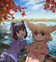 Rule 34 | animal ears, black hair, blonde hair, blue one-piece swimsuit, bow, bowtie, commentary request, common raccoon (kemono friends), elbow gloves, extra ears, fennec (kemono friends), fox ears, fox girl, fox tail, fur collar, gloves, grey hair, grey skirt, hair between eyes, highres, kemono friends, looking at viewer, multicolored hair, one-piece swimsuit, pink sweater, pleated skirt, puffy short sleeves, puffy sleeves, raccoon ears, raccoon girl, raccoon tail, short hair, short sleeves, sidelocks, skirt, sky, suicchonsuisui, sweater, swimsuit, tail, water, white fur, white gloves, white hair, yellow gloves, yellow neckwear