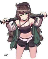 Rule 34 | 1girl, absurdres, arknights, bare shoulders, baseball bat, belt, belt buckle, black collar, black hat, black shorts, braid, breasts, brown hair, buckle, character name, cleavage, collar, collarbone, commentary, crop top, cropped legs, cuora (arknights), gar32, green eyes, green jacket, hands up, hat, highres, jacket, leaning forward, long hair, low twintails, metal baseball bat, midriff, navel, one eye closed, open clothes, open jacket, parted lips, short shorts, shorts, small breasts, solo, twin braids, twintails, very long hair, white belt