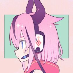Rule 34 | 1other, black hair, blue eyes, blush, border, closed mouth, commentary request, fake horns, from side, green background, headset, highres, hood, hood down, horns, looking ahead, medium hair, meika hime, mou toketa. (vocaloid), multicolored hair, okepi, outside border, pink border, pink hair, portrait, profile, red hood, simple background, smile, solo, sparkle, streaked hair, vocaloid