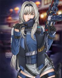 Rule 34 | 1girl, an-94, an-94 (girls&#039; frontline), an-94 (girls&#039; frontline) (cosplay), aqua eyes, assault rifle, blue eyes, call of duty, call of duty: mobile, closed mouth, cosplay, drawingbonbon, girls&#039; frontline, gloves, gun, hairband, highres, jacket, long hair, long sleeves, looking at viewer, mask, platinum blonde hair, realistic, rifle, scylla (call of duty: mobile), silver hair, solo, tagme, weapon