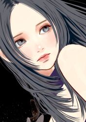 Rule 34 | 1girl, bare shoulders, black background, dutch angle, expressionless, grey eyes, grey hair, highres, komadakoma1, long hair, looking to the side, original, solo, upper body