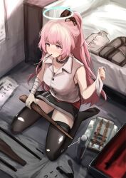 Rule 34 | absurdres, ambriel (arknights), angel, arknights, blush, food, highres, jewelry, necklace, pink eyes, pink hair, pocky, skirt, sleeveless, utsuke, weapon