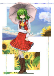 Rule 34 | 1girl, ascot, bad id, bad pixiv id, boots, cloud, cross-laced footwear, day, female focus, field, flower, flower field, green hair, isegawa yasutaka, kazami yuuka, kneehighs, lace-up boots, mountain, parasol, plaid, plaid skirt, plaid vest, red eyes, short hair, skirt, skirt set, sky, socks, solo, sunflower, sunflower field, touhou, umbrella, vest