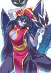 Rule 34 | 1girl, bad id, bad pixiv id, black hair, blue eyes, bomb, breasts, chinese clothes, claws, cleavage, cleavage cutout, clothing cutout, colored skin, explosive, facial mark, fingernails, flipped hair, hat, highres, jiangshi, kunai, large breasts, lei lei, long fingernails, long sleeves, oborofu, ofuda, open mouth, pants, purple skin, qingdai guanmao, short hair, smile, solo, sword, vampire (game), weapon, wide sleeves, zombie