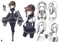 Rule 34 | 10s, 1girl, @ @, ahoge, anchor symbol, black gloves, black hair, black pantyhose, black skirt, blush, bodysuit, boots, breasts, brown eyes, character name, character sheet, chou-10cm-hou-chan (hatsuzuki&#039;s), clothes writing, corset, female focus, gloves, grey footwear, hachimaki, hair flaps, hairband, hatsuzuki (kancolle), headband, highres, kantai collection, knee boots, looking at viewer, looking back, machinery, miniskirt, mku, multiple views, neckerchief, necktie, open mouth, pantyhose, partially colored, pleated skirt, school uniform, serafuku, short hair, short sleeves, simple background, skirt, small breasts, torpedo, turret, white background, yellow eyes