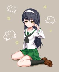 Rule 34 | absurdres, akamoku, bad id, bad pixiv id, black bow, black hair, black legwear, blouse, bow, breasts, commentary request, girls und panzer, green skirt, grey background, hairband, hand on own face, highres, long hair, looking at viewer, on ground, ooarai school uniform, reizei mako, school uniform, shirt, simple background, skirt, sleepy, small breasts, white hairband, white shirt, yellow eyes