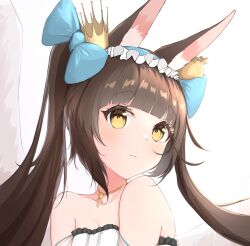 Rule 34 | 1girl, alternate costume, animal ear fluff, animal ears, azur lane, bare shoulders, blue bow, blunt bangs, blush, bow, breasts, brown hair, cleavage, close-up, closed mouth, collarbone, crown, dress, evening gown, fox ears, fox girl, frills, hair bow, hair ornament, hairband, highres, jewelry, long hair, mini crown, nagato (azur lane), nagato (guardian fox&#039;s procession) (azur lane), necklace, off shoulder, official alternate costume, ribbon, shirayui, sidelocks, simple background, small breasts, solo, strapless, strapless dress, twintails, upper body, very long hair, white background, white dress, wings, yellow eyes