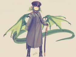 Rule 34 | 1girl, amputee, black hat, black pantyhose, boots, buttons, double-breasted, dragon girl, dragon tail, dragon wings, female focus, full body, green hair, hat, kmbk, military, military uniform, monster girl, original, pantyhose, pointy ears, red eyes, slit pupils, solo, standing, sword, tail, uniform, weapon, wings