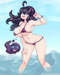 Rule 34 | 1girl, @ @, ahoge, alternate breast size, alternate costume, bikini, black hair, bracelet, breasts, collarbone, creatures (company), game freak, gastly, gen 1 pokemon, hair between eyes, hairband, hex maniac (pokemon), highres, jewelry, large breasts, long hair, looking at viewer, messy hair, nail polish, navel, nintendo, open mouth, outdoors, partially submerged, pokemon, pokemon (creature), pokemon xy, purple bikini, purple eyes, smile, solo, spider web print, standing, sunglasses, supersatanson, swimsuit, wading, water