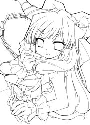 Rule 34 | 1girl, alcohol, bow, chain, cup, greyscale, hair bow, holding, holding cup, horn ornament, horn ribbon, horns, ibuki suika, immaterial and missing power, lineart, long hair, looking at viewer, monochrome, monochrome, oni, open mouth, ribbon, sake, shirt, skirt, sleeveless, sleeveless shirt, solo, touhou