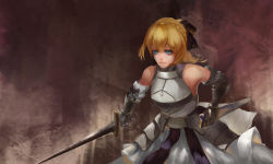 Rule 34 | 1girl, ahoge, armor, armored dress, artoria pendragon (fate), bare shoulders, blonde hair, blue eyes, bow, detached sleeves, fate/stay night, fate/unlimited codes, fate (series), hair bow, highres, kevin-z, ponytail, saber (fate), saber lily, sheath, solo, sword, weapon