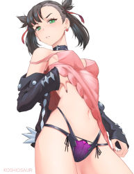 Rule 34 | 1girl, bad id, bad pixiv id, bare shoulders, black hair, black jacket, black nails, breasts, cleavage, clothes lift, commentary request, creatures (company), dress, dress lift, from below, game freak, green eyes, hair ribbon, jacket, koshio, long sleeves, looking at viewer, marnie (pokemon), medium breasts, medium hair, nail polish, navel, nintendo, panties, pink dress, pokemon, pokemon swsh, purple panties, red ribbon, ribbon, simple background, underwear, white background