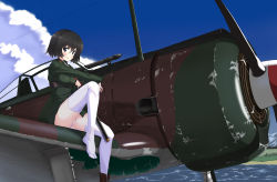 Rule 34 | 1girl, a9b (louis814), absurdres, aircraft, airplane, black hair, blue eyes, highres, katana, katou takeko, looking at viewer, military, military uniform, panties, pantyshot, parted lips, propeller, shoes, short hair, single shoe, sitting, solo, strike witches, sword, thighhighs, underwear, uniform, vehicle focus, weapon, white panties, world witches series