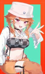 Rule 34 | 1girl, alternate costume, border, braid, bucket hat, earbuds, earphones, earrings, feather earrings, feathers, hat, highres, hololive, hololive english, jewelry, kotori (takanashi kiara), looking at viewer, midriff, navel, official alternate costume, open mouth, orange hair, red border, simple background, smile, solo, strapless, suspenders, takanashi kiara, tube top, twin braids, virtual youtuber, yufu