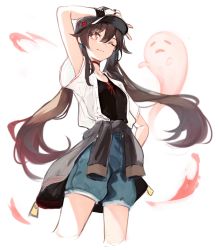 Rule 34 | 1girl, alternate costume, arm up, baseball cap, black hat, black tank top, choker, clothes around waist, commentary request, cropped legs, denim, denim shorts, genshin impact, ghost, hair between eyes, hand on own hip, hat, highres, hu tao (genshin impact), long hair, lumo 1121, one eye closed, open clothes, open shirt, red choker, shirt, shorts, simple background, smile, solo, sweater, sweater around waist, symbol-shaped pupils, tank top, twintails, v, very long hair, white background, white shirt