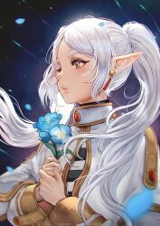 Rule 34 | 1girl, capelet, earrings, elf, flower, frieren, green eyes, highres, holding, holding flower, jewelry, long hair, magion02, petals, pointy ears, solo, sousou no frieren, twintails, white capelet, white hair
