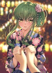 Rule 34 | 1girl, absurdres, beads, blurry, blurry background, budgiepon, c.c., code geass, commentary request, floral print, floral print kimono, flower, green hair, hair beads, hair flower, hair ornament, hands up, highres, holding hands, japanese clothes, kimono, lantern, light smile, long hair, looking at viewer, one side up, parted lips, pov, pov hands, upper body, yellow eyes