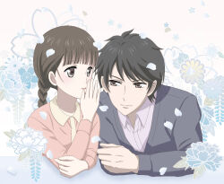 Rule 34 | 1boy, 1girl, arm rest, black eyes, black hair, blue flower, braid, brown hair, cardigan, cherry blossoms, chiyoka, closed mouth, collared shirt, commentary, cropped torso, elbow rest, floral background, flower, grey cardigan, hand on own elbow, blue background, long sleeves, looking at another, mixed-language commentary, open mouth, petals, pink shirt, rdg red data girl, sagara miyuki, shirt, short hair, suzuhara izumiko, two-tone shirt, whispering, white background, white shirt