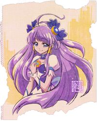 Rule 34 | 1girl, ahoge, blue eyes, bow, brooch, commentary request, crescent, crescent earrings, cure selene, earrings, hair bow, jewelry, kaguya madoka, kamikita futago, long hair, magical girl, official art, precure, puffy short sleeves, puffy sleeves, purple hair, short sleeves, smile, solo, star twinkle precure
