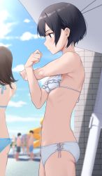 Rule 34 | 2boys, 2others, 3girls, beach umbrella, bikini, black hair, blue bikini, blue sky, blurry, blurry background, blurry foreground, blush, breasts, cloud, day, depth of field, expressionless, from side, highres, kiona (giraffe kiona), multiple boys, multiple girls, multiple others, navel, original, outdoors, profile, short hair, sky, small breasts, solo focus, standing, stretching, swimsuit, umbrella, water slide, waterpark, white bikini