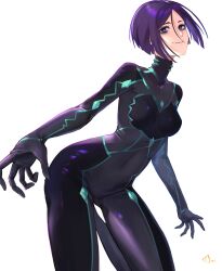 Rule 34 | 1girl, absurdres, black bodysuit, bodysuit, breasts, covered navel, eyeshadow, fate/samurai remnant, fate (series), highres, jiajiayu, looking at viewer, makeup, medium breasts, minamoto no raikou (fate), parted lips, purple hair, shiny clothes, short eyebrows, short hair, simple background, skin tight, smile, solo, spoilers, standing, ushi gozen (fate), ushi gozen (fate/samurai remnant), ushi gozen (rider) (fate), white background
