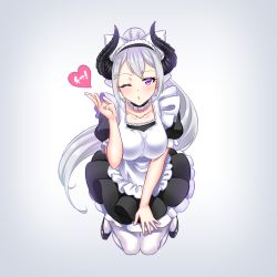 Rule 34 | 1girl, apron, black dress, black footwear, blowing kiss, blush, bow, breasts, collarbone, commentary request, curled horns, dress, frilled apron, frills, grey background, hair bow, hair ornament, hairclip, heart, high ponytail, highres, higuchi kaede, horns, large breasts, long hair, maid headdress, mole, mole under eye, nijisanji, one eye closed, pantyhose, parted lips, pleated dress, ponytail, puffy short sleeves, puffy sleeves, purple eyes, shirihime, shoes, short sleeves, sidelocks, silver hair, simple background, solo, very long hair, virtual youtuber, white apron, white bow, white pantyhose