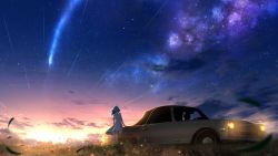 Rule 34 | 1girl, adsuger, blue hair, car, cloud, daybreak frontline (vocaloid), dress, grass, headlight, highres, leaning back, long hair, motor vehicle, outdoors, scenery, shooting star, short sleeves, sky, solo, star (sky), sunset, vehicle focus, vocaloid, white dress, wind