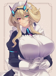 Rule 34 | 1girl, apron, barghest (fate), barghest (swimsuit archer) (fate), black dress, blonde hair, breasts, cropped legs, dress, fate/grand order, fate (series), frilled apron, frills, gloves, green eyes, heterochromia, huge breasts, maid, maid apron, maid headdress, red eyes, smile, updo, weapon, white gloves, zanshi