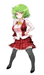 Rule 34 | 1girl, ascot, bad anatomy, bad proportions, breasts, comcom, female focus, green hair, hand on own chest, kazami yuuka, large breasts, plaid, plaid skirt, plaid vest, poorly drawn, red eyes, short hair, simple background, skirt, skirt set, solo, thighhighs, touhou, vest, white background