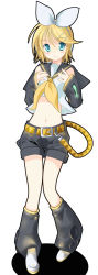 Rule 34 | 1girl, belt, blonde hair, blue eyes, blush, boots, bow, crop top, detached sleeves, fingernails, flat chest, full body, hair between eyes, hair bow, hair ornament, hairclip, hands on own chest, headset, kagamine rin, kneehighs, long fingernails, long image, looking at viewer, mahan (clock hearts), midriff, navel, school uniform, serafuku, shadow, shirt, shorts, simple background, smile, socks, solo, standing, tall image, vocaloid, white background, wide sleeves