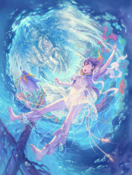 Rule 34 | 1girl, :o, armor, barefoot, bird, blue theme, brown hair, bubble, coral, cropped jacket, dress, feet, fish, from below, full body, greaves, hisakata souji, jacket, jellyfish, legs, looking up, open mouth, original, panties, penguin, personification, perspective, red eyes, scarf, see-through, see-through dress, short hair, solo, underwater, underwear, white panties