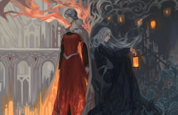 Rule 34 | 2girls, black robe, blue eyes, braid, candle, cape, capelet, check copyright, closed mouth, collarbone, contrast, copyright request, dress, earrame, fantasy, fire, grey hair, highres, holding, holding lantern, indoors, lantern, long hair, multiple girls, original, pointy ears, red dress, robe, short hair, sitting, standing, white capelet