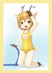 Rule 34 | 1girl, animal ears, animal hands, antlers, armpits, bad id, barefoot, blush, chidejika, child, female focus, furry, furry female, hooves, horns, hose, ka (pixiv341010), kagerofu, one-piece swimsuit, open mouth, school swimsuit, smile, solo, swimsuit