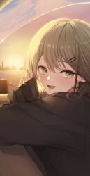 Rule 34 | 1girl, absurdres, black sweater, blush, building, commentary, english commentary, green eyes, green hair, hair ornament, hairclip, highres, huhi (huhi 1211), long sleeves, looking at viewer, medium hair, ocean, open mouth, original, oversized clothes, pink sky, sky, sleeves past fingers, sleeves past wrists, smile, solo, sunset, sweater, upper body, virtual youtuber