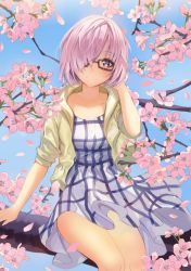 Rule 34 | 1girl, bad id, bad pixiv id, bespectacled, dress, fate/grand order, fate (series), flower, glasses, hair over one eye, jacket, lloule, looking at viewer, mash kyrielight, mash kyrielight (senpai killer outfit), official alternate costume, purple eyes, purple hair, smile, solo
