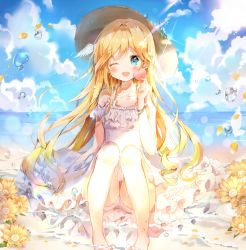 Rule 34 | 1girl, bad id, bad pixiv id, barefoot, beach, blonde hair, blue eyes, blush, collarbone, day, dohj00, flower, hat, looking at viewer, one eye closed, open mouth, original, sitting, smile, solo, water drop