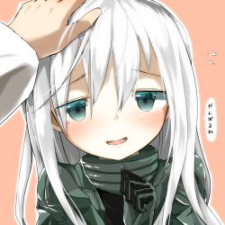 Rule 34 | 10s, 1girl, blue eyes, commentary request, flying sweatdrops, hair between eyes, head pat, highres, kantai collection, long hair, long sleeves, open mouth, headpat, translation request, u-511 (kancolle), yamato (muchuu paradigm)