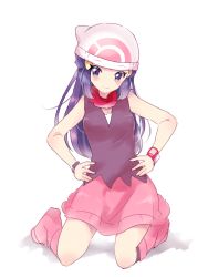 Rule 34 | 1girl, artist request, bare shoulders, beanie, black shirt, black socks, blue eyes, blue hair, blush, boots, bracelet, breasts, creatures (company), dawn (pokemon), full body, game freak, hair ornament, hairclip, hands on own hips, hat, jewelry, kneeling, long hair, looking at viewer, matching hair/eyes, nintendo, pink footwear, pink skirt, pokemon, pokemon dppt, red scarf, scarf, shirt, simple background, skirt, sleeveless, sleeveless shirt, small breasts, smile, socks, solo, white background, white hat, wristband