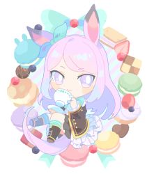 Rule 34 | 1girl, animal ears, asymmetrical legwear, black jacket, black skirt, blue bow, blue socks, blueberry, boots, bow, cake, candy, chachi (azuzu), chibi, closed mouth, cup, facing viewer, food, frilled jacket, frilled sleeves, frills, fruit, full body, gold trim, hair down, holding, holding cup, horse ears, horse girl, horse tail, jacket, long hair, looking at viewer, macaron, mejiro mcqueen (umamusume), mismatched legwear, pink eyes, pink hair, pink tail, pleated skirt, saucer, sidelocks, sitting, skirt, smile, socks, solo, strawberry, sweets, tail, teacup, transparent background, umamusume