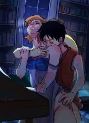 Rule 34 | 1boy, 1girl, bottomless, clothed sex, couple, dress, grabbing, hat, hetero, highres, kissing shoulder, library, moaning, monkey d. luffy, nami (one piece), night, one piece, scar, sex, shirt, standing, standing sex, straw hat, zantinaa