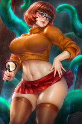 Rule 34 | 1girl, black-framed eyewear, breasts, brown hair, brown thighhighs, clothes lift, crop top, glasses, highres, holding, holding magnifying glass, large breasts, magnifying glass, miniskirt, navel piercing, neoartcore, orange sweater, paid reward available, panties, pantyshot, patreon username, piercing, red skirt, scooby-doo, short hair, skirt, skirt lift, solo, sweater, tentacles, thighhighs, turtleneck, turtleneck sweater, underwear, velma dace dinkley, white panties