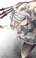 Rule 34 | 1girl, apron, blue eyes, bow, braid, closed mouth, gradient background, green bow, grey hair, hair bow, highres, holding, holding knife, izayoi sakuya, knife, looking at viewer, maid, maid headdress, one eye closed, short sleeves, side braids, solo, touhou, toyono kitsune, twin braids, waist apron, white background, wrist cuffs