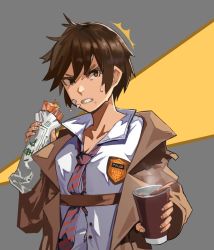 Rule 34 | 1girl, angry, bandaid, bandaid on face, black hair, clenched teeth, coat, coffee, eating, female focus, food, glaring, hunyan, necktie, original, police badge, shirt, short hair, solo, striped, striped necktie, teeth, tomboy, trench coat, white shirt