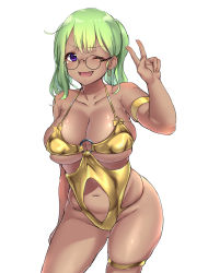 Rule 34 | 1girl, absurdres, arm at side, blush, bow, breasts, center opening, collarbone, commentary request, covered erect nipples, cowboy shot, dark-skinned female, dark skin, earrings, fang, glasses, gold one-piece swimsuit, green hair, halterneck, hand up, highleg, highleg swimsuit, highres, hoop earrings, jewelry, large breasts, legs apart, looking at viewer, medium hair, navel, o-ring, o-ring swimsuit, okamen, one-piece swimsuit, one eye closed, open mouth, original, simple background, skindentation, smile, solo, standing, swimsuit, thigh strap, two side up, v, white background, yellow bow