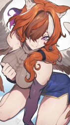 Rule 34 | 1girl, artist logo, artist name, blue skirt, blush, breasts, brown hair, closed mouth, commentary, commission, detached sleeves, fang, feathered wings, feet out of frame, grey sweater, hair between eyes, hair intakes, hair over one eye, hair over shoulder, hand on own chest, hata4564, highres, kneeling, leaning forward, long hair, looking at viewer, medium breasts, miniskirt, multicolored hair, orange hair, original, owl ears, pencil skirt, purple eyes, purple hair, ribbed sweater, side slit, simple background, skeb commission, skin fang, skirt, sleeveless, sleeveless sweater, sleeveless turtleneck, solo, sweat, sweater, thighs, turtleneck, turtleneck sweater, white background, white hair, wings