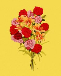 Rule 34 | bouquet, commentary, english commentary, flower, flower focus, highres, leaf, libbyframe, lily (flower), no humans, orange flower, original, pink flower, pink rose, plant, red flower, red rose, rose, signature, simple background, still life, yellow background