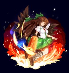 Rule 34 | 1girl, absurdres, arm cannon, bird wings, brown hair, dark background, fire, full body, highres, long hair, looking at viewer, maguro (mawaru sushi), red eyes, reiuji utsuho, simple background, solo, touhou, very long hair, weapon, wings
